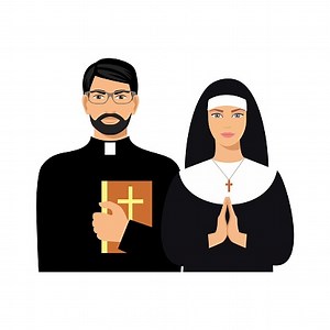 a young priest with a bible and a nun. Vector flat cartoon...