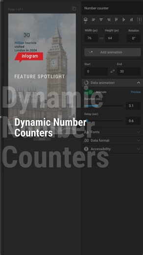 Infogram on Instagram: "🚨 New Feature Alert: Dynamic Number Counters are live! Infogram now lets you add animated number counters to your projects - perfect for highlighting key metrics, milestones, and KPIs in a visually striking way. 🔢 Whether you’re presenting revenue growth, social stats, or any standout figures, counters draw instant attention and bring your data to life. With customization options for font, style, and animation speed, it’s easier than ever to make your numbers pop. 📈 Us
