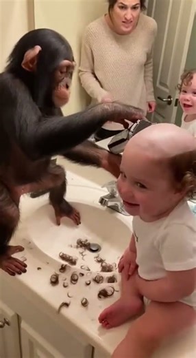 Chimpanzee gave the baby a haircut! 😱🐒 #shorts