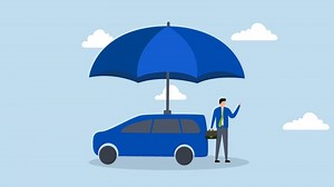 Car insurance, animation of car owner stands with the new car under a strong umbrella cover.