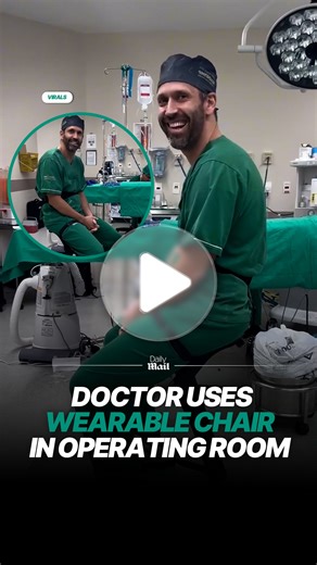 Doctor demonstrates wearable chair in operating room