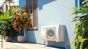Animation of cooling air condition unit and control system. Modern heat pump unit and compressor install outside the building. Home appliance, electrical equipment. HVAC service, maintenance, repair