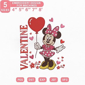 Disney Minnie Mouse Valentine Embroidery Design, Minnie Holding Heart Balloon Love Machine Embroidery File - Etsy