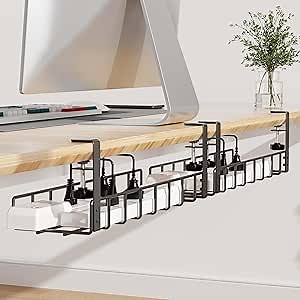2 Pack Cable Management Under Desk Tray, 31.4" No Drill Under Desk Wire Management with Upgraded Clamp, Metal Cord Organizers for Desk with Cable Organizers, PC Cable Management Rack, Black