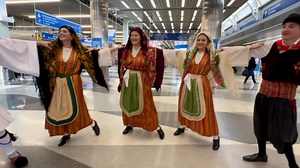 Opa! In celebration of Greek American Heritage Month, dancers from the Orpheus Hellenic Folklore Society shared the rich history and tradition of Greek folk dances and music with travelers throughout ORD. 🕺🇬🇷🎶 | Chicago O'Hare International Airport