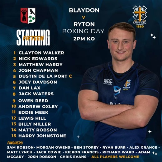 🏉 SQUAD ANNOUNCEMENT 🏉 The annual Boxing Day fixture Blaydon v Ryton. ⏰ KO 2pm 📍 Crow Trees | Ryton RFC