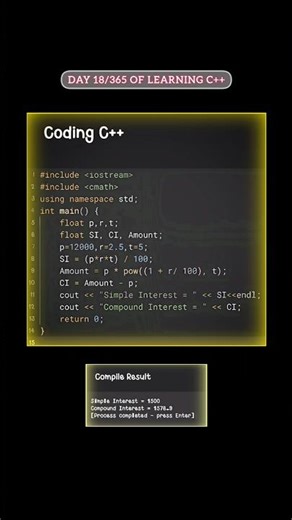 Read caption... Printing simple and compound interest using c++... #coder #cpp #coding