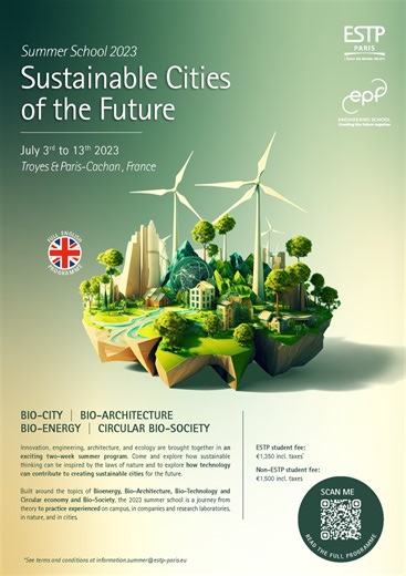 📢 Summer School 2023 EPF Engineering School x ESTP Paris 🌍 Sustainable Cities of the Future ♻ BIO- CITY | BIO-ARCHITECTURE | BIO-ENERGY | CIRCULAR BIO-SOCIETY 📅 Monday, July 3rd, 2023 - Thursday, July 13th, 2023​ 📍 Troyes and Paris-Cachan 📢 Program : https://lnkd.in/eW8ufXdq ✅ Innovation, engineering, #architecture, and ecology are brought together in an exciting two-week summer program. Come and explore how #sustainable thinking can be inspired by the laws of #nature and to explore how #te