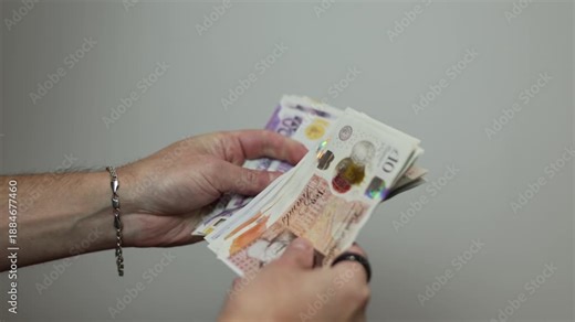 Close Up of Hands Counting British Pound Banknotes, Financial Concept and Cash Payment
