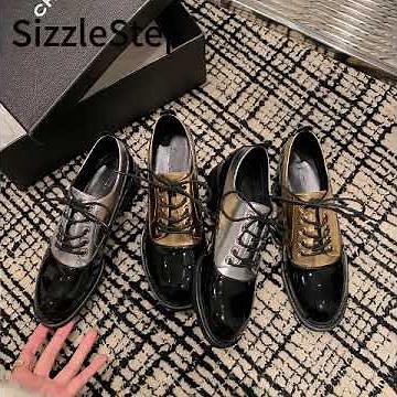 Stylish, multi-colored, simple design, lace-up, comfortable chunky-heeled women's Oxford shoes.