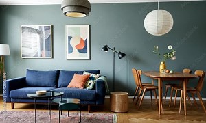 Stylish apartment featuring an open plan living room and dining area with a navy blue sofa wooden dining table and minimalist decor creating a modern functional space.