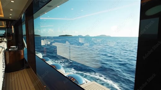 Luxury yacht interior with ocean view and modern furniture