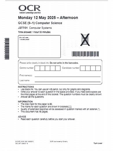 OCR GCSE Computer Science Paper 1 2025 Overview