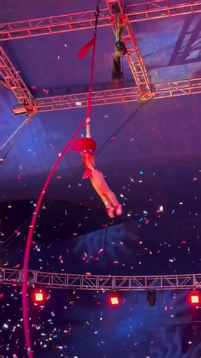 Starting with a burst of confetti, this stunning aerialist in red captivates the audience with her fiery performance! 🌟 Watch as she soars through the air, gracefully twirling on a vibrant red rope, matching her dazzling red hair and outfit. Set to the enchanting tunes of upbeat violin music, this act is truly mesmerizing. 🎻✨ Don’t miss this spectacular show at the Garden Brothers Circus! Follow for more breathtaking circus magic and performances! #Aerialist #CircusLife #RedRope #GardenBrosCir