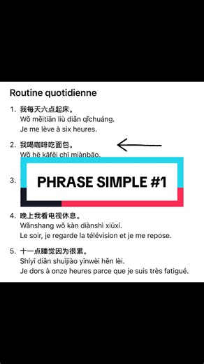 Routine quotidienne \t1.\t我每天六点起床。 Wǒ měitiān liù diǎn qǐchuáng. Je me lève à six heures. \t2.\t我喝咖啡吃面包。 Wǒ hē kāfēi chī miànbāo. Je bois du café et je mange du pain. \t3.\t今天有很多工作要做。 Jīntiān yǒu hěn duō gōngzuò yào zuò. Aujourd’hui, j’ai beaucoup de travail à faire. \t4.\t晚上我看电视休息。 Wǎnshang wǒ kàn diànshì xiūxí. Le soir, je regarde la télévision et je me repose. \t5.\t十一点睡觉因为很累。 Shíyī diǎn shuìjiào yīnwèi hěn lèi. Je dors à onze heures parce que je suis très fatigué. Apprendre le chinois n'a ja