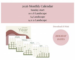 2026 Printable Calendar Digital Download, Landscape, 10x8, PDF, A4, 14x11 | Monthly Calendar - Etsy