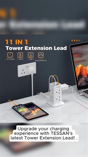 TESSAN Tower Extension Lead with USB C Slots, 8-Way Multi Plug Charging Station with Switch, Surge Protected Power Strip, Type-C Chargers, 2M/5M/10M Cable – Ideal for Home, Office, School, and as a Gift #wirelesscharger #chargingcable #4in1charger #plugadapter #3in1charger #travelcharger #superfastcharger #traveladapterplug #wirelesschargingstation #3in1chargerstation