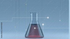 Animation of dots moving on lines over liquid filled conical flask against abstract background