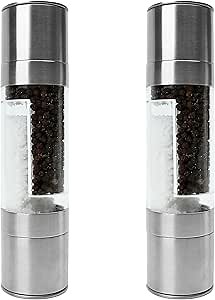 2PCS 2 in 1 Salt and Pepper Grinder Adjustable Coarseness Stainless Steel Mill for Kitchen, Outdoor Barbecue Dual Rotor Combo, Manual Herb Spice Shaker, Refillable Clear Acrylic Chamber All-in-One