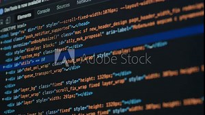 Coding UX UI script text on screen, HTML5 in editor for website development, Close up Macro of Programming code software developer.