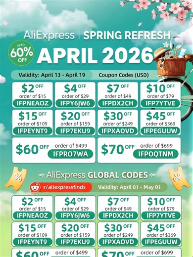 AliExpress Spring Refresh discount promo codes are now live and will stay active until April 19, 2026. Each code is single-use per account, but all of them are collectible, so you can claim every code before stock runs out. To collect a code, apply it at checkout on any item priced above $500 or €500, then remove the item afterward. The code will stay saved to your account. You can use the codes one by one on separate orders to maximize savings, or apply the highest-value code on one large purch