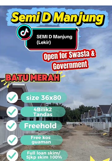 Manjung Lekir🏡 PROJEK BARU DILANCARKAN! SEMI-D SETINGKAT | MODEN & LUAS 📍 Taman Lekir Gemilang, Manjung 💰 Harga dari RM368,000 📝 Booking serendah RM500 sahaja 🚫 0% Deposit 🤝 Terbuka untuk Swasta & Government ✨ Ciri-ciri Rumah: ✅ Semi-D setingkat ✅ 4 Bilik Tidur | 2 Bilik Air ✅ Car porch muat 3 kereta ✅ Siling tinggi – rumah lebih sejuk & luas ✅ Ruang full extend (maksimumkan saiz rumah) 🛍 Kemudahan Berdekatan: Pasar · Klinik · Sekolah · Masjid · Stesen Minyak · Kedai Harian 🚗 Akses Mudah