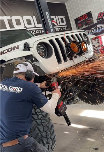 Upgrading from the stock Jeep bumper to an @Artec Industries high clearance Bantam bumper in the @Toolgrid garagetoday with @WayneDick ! Had to chop some of the frame off the the Milwaukee recip saw to get the bumper closer to the JT giving a better approach angle. Got the @NACHO offroad Lighting grandes mounted back in and I’ve got a winch coming from @Northridge4x4 soon and will get it in once it gets here