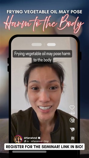 31K views · 441 reactions |  Think vegetable oil is harmless? Think again. Frying it may release toxic compounds that can damage your body over time. ‍⚕️ Don’t wait—secure your slot today!  Link in bio: www.experiencevitality.com/drf-seminar #FryFacts #HealthyLiving #ExperienceVitality | Dr. Farrah Agustin-Bunch, MD | Facebook