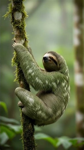 Three-toed sloth hanging slowly from a moss-covered tree branch in a tropical rainforest