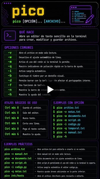 Comando pico en linux pico [OPCIÓN]... [ARCHIVO]... Qué hace: Abre un editor de texto sencillo en la terminal para crear, modificar y guardar archivos. Opciones comunes: -v Abre… | Ricardo Navarro