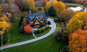 A picturesque countryside scene in the New England region, featuring the summer home of drivers, with rolling hills adorned with vibrant autumn foliage and rustic barns