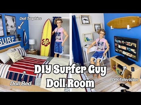 DIY Surfer Guy Barbie Doll Room! Surf Inspired Doll Room - Doll TV, Bed, Trophies, Desk, & Curtains