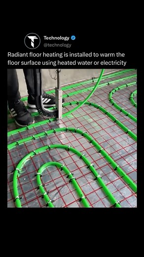 Technology on Instagram: "Radiant floor heating is an effective and energy-efficient way to warm a space by using heated water or electricity to heat the floor surface. This system involves installing pipes or electric cables beneath the floor, which radiate heat upward, warming the room from the ground up. The heat creates a comfortable, consistent temperature throughout the space, eliminating the cold spots often found with traditional heating methods. Radiant floor heating is particularly pop