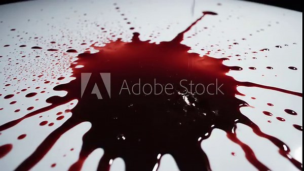 A large splatter of dark red liquid, possibly blood, spread across a white surface, creating radial patterns.