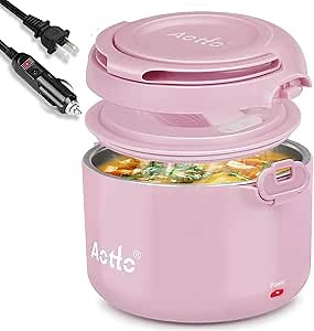 Aotto Electric Lunch Box, 32 oz Portable Food Warmer Heater, Lunch Warmer Portable for Work/Office/Car/Travel 12V/24V/110V 3-in-1, Warming Soup & Meal, Spill-Free, Men & Women's Gifts, Pink