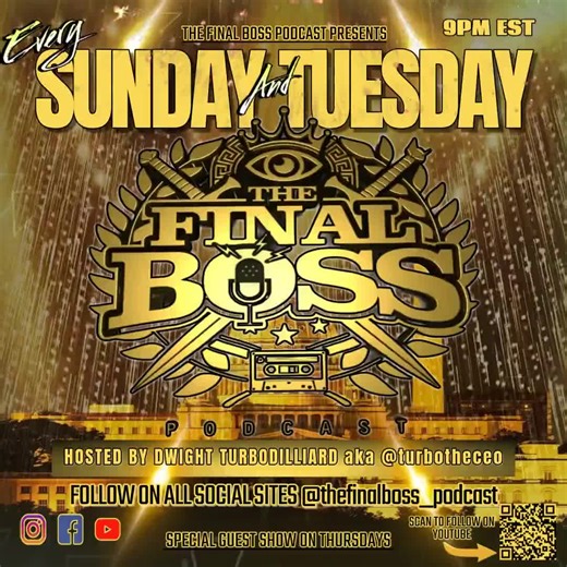 THE ARCHITECT OF #INSIGHT THE VOICE OF THE #VOICELESS I AM HERE #TheFinalBoss Thefinalbosspodcast TheFinalBoss podcast Facebook Spotify for Creators Turbotheceo YouTube StreamYard TikTok Facebook for Creators Instagram LinkedIn Dwight Turbodillard Http://www.thefinalbosspodcast.com 💯THE FINAL BOSS IS BACK! 🔥 ITZ #GOTIME 🎧 SEASON 3 IS HERE 🎧 🎙ARE YOU TUNING IN? WE LIVE AT 9PM EST 💪🏾🤩👇🏾 🚨MONDAY'S -