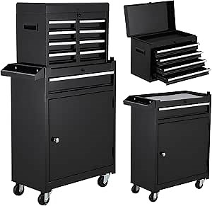 Large Tool Box,5 Drawer Black Rolling Tool Chest On Wheels with Snap on Tool Box Top Chest,Locking Mechanic Tool Cabinets for Garage,Workshop,Repair Shop