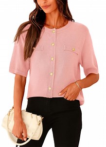 PRETTYGARDEN Women's Summer Button Down Shirts Casual Short Sleeve Crew Neck Ribbed Knit Blouse Top Cardigans