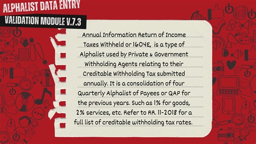 Hello viewers‼️ ✅Check out our latest video on the Alphalist Data Entry & Validation Module 7.3 video series😄 ✅Annual Information Return of Creditable Income Taxes Withheld (Expanded) or 1604E for Private and Government Withholding Agents ✅Be sure to watch our previous video on: "How to download and Install Alphalist Data Entry and Validation Module📲 Click here: http://bit.ly/3OL8lGC "Monthly Alphalist of Payees" Click Here: bit.ly/3C69LbV "Quarterly Alphalist of Payees" Click Here: bit.ly/3Pp