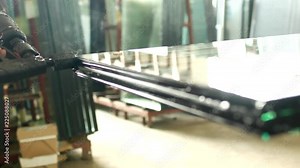 Production and manufacturing of pvc windows, the working specialist glues the glass of the double-glazed window for further assembly of the pvc window, close-up, impermeability window