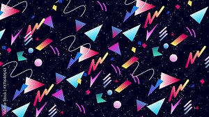 Retro abstract 80's 90's design pattern background. Neon style with geometrical shapes of different vintage colors. Seamless loop 4k pop art design.