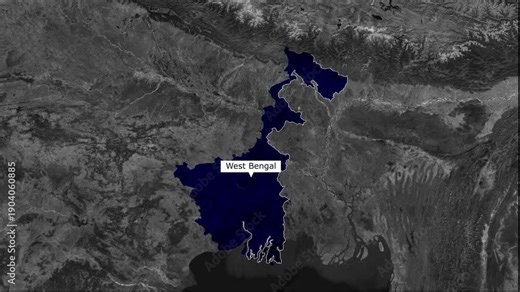 West Bengal Map Overview: An illustrative view of West Bengal's unique geographical shape, highlighted on a detailed map, representing the region's landform and topography.