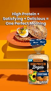 Lay ‘em down, then stack ‘em up. Thomas’ High Protein Bagels give your breakfast a boost. Grab a pack today! | Thomas’ Breakfast