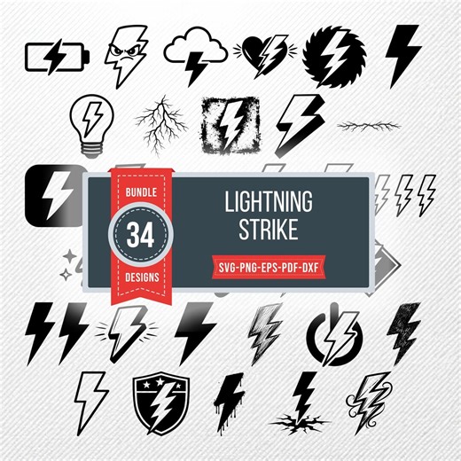 Lightning Strike SVG Clipart Bundle | 34 Vector Illustrations | PNG Eps Dxf PDF | Print Graphics - Etsy