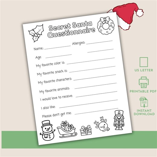 Secret Santa Questionnaire Coloring Printable | Kids Christmas Gift Exchange Worksheet | Student Christmas Wish List - Etsy