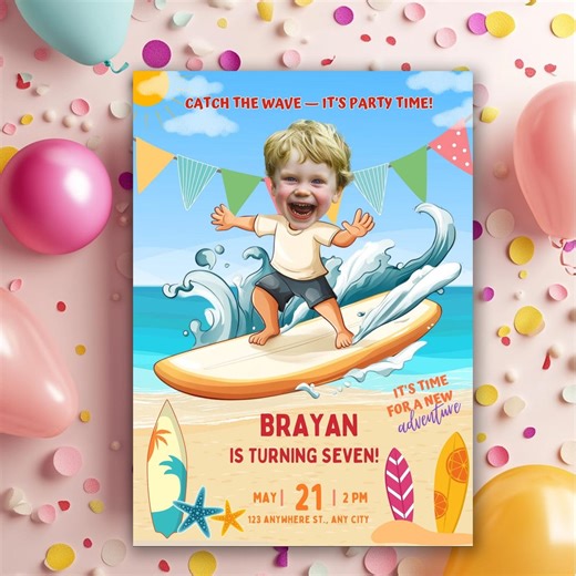 Surf Birthday Invitation, Custom Face Surfer Kid Party Invite, Personalized Beach Wave Theme Celebration