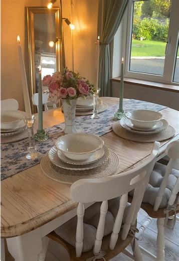 Simple clean vibes for the new year ✨ plates & bowls, candles and green candle holders are @PRIMARK Table mats are @Dunnes Ireland TikTok & @MrPriceIreland Tall crystal candle holders are @galwaycrystal The runner and vase are from charity shops #tablesetting #fyp #home #homedecor