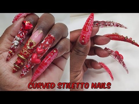 Red Curved Stiletto Valentine's Say Acrylic Nails