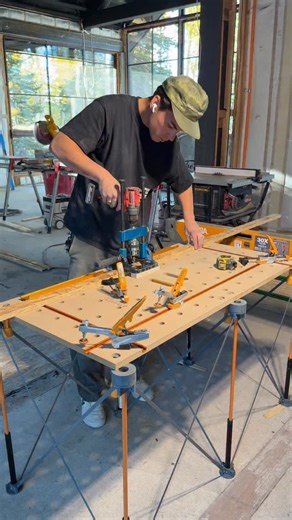Julian - Utah Handrails & Custom Builds on Instagram: "Bora Centipede workbench making it easy to drill holes in our furring strips This entire room is going to be tongue and groove.. We will be shimming the trusses with these 3/4”strips to be dead flat. Using the Rockler Drill Guide"