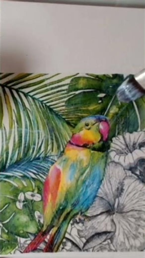 Magical Result! Parrot on a Branch with 3D Golden Flowers and Decoupage on an Acrylic Background